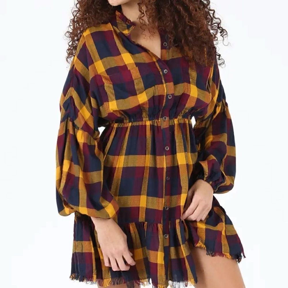 NEW! Boho Multi Colored Plaid Fringe Bottom Button Front Mini Dress Long Sleeve - Picture 4 of 5